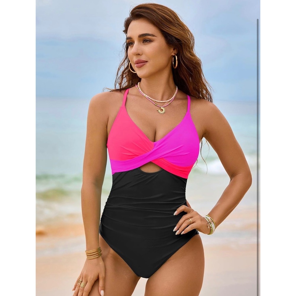 Colorblock One Piece Swimsuit Neon Pink Orange Black  NWT